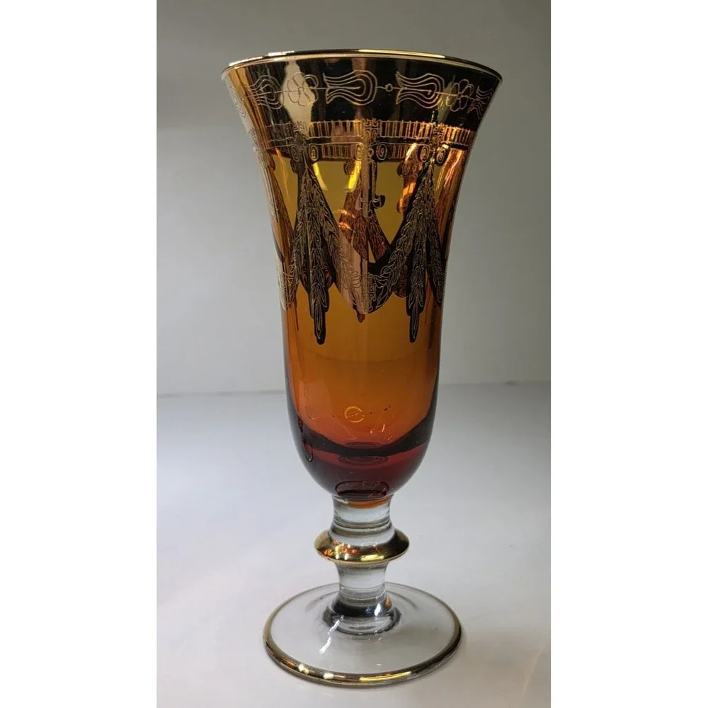 Pair Of Arte Italica Medici Amber Gold Champagne Flutes Goblets Glasses 7.5